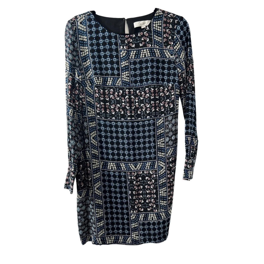 LOFT‎ Womens Long Sleeve Patchwork Floral Shift Dress Black Blue Size 0